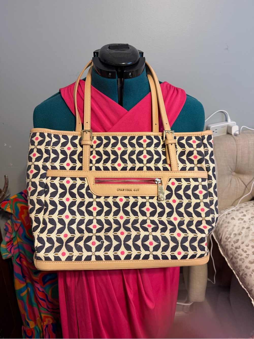 Spartina 449 Navy, Cream & Pink Patterned Tote with Tan Trim
